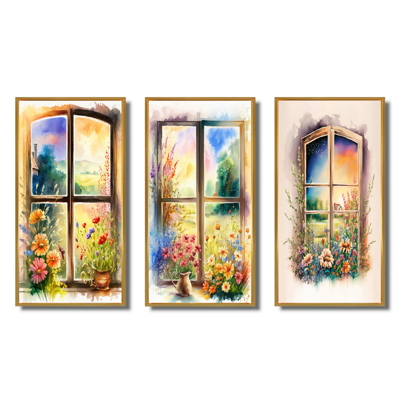 Été coucher de soleil floral fenêtre - ensemble de 3 fenêtres d'art de ferme, Cadre flottant doré, H 40 po x l 60 po