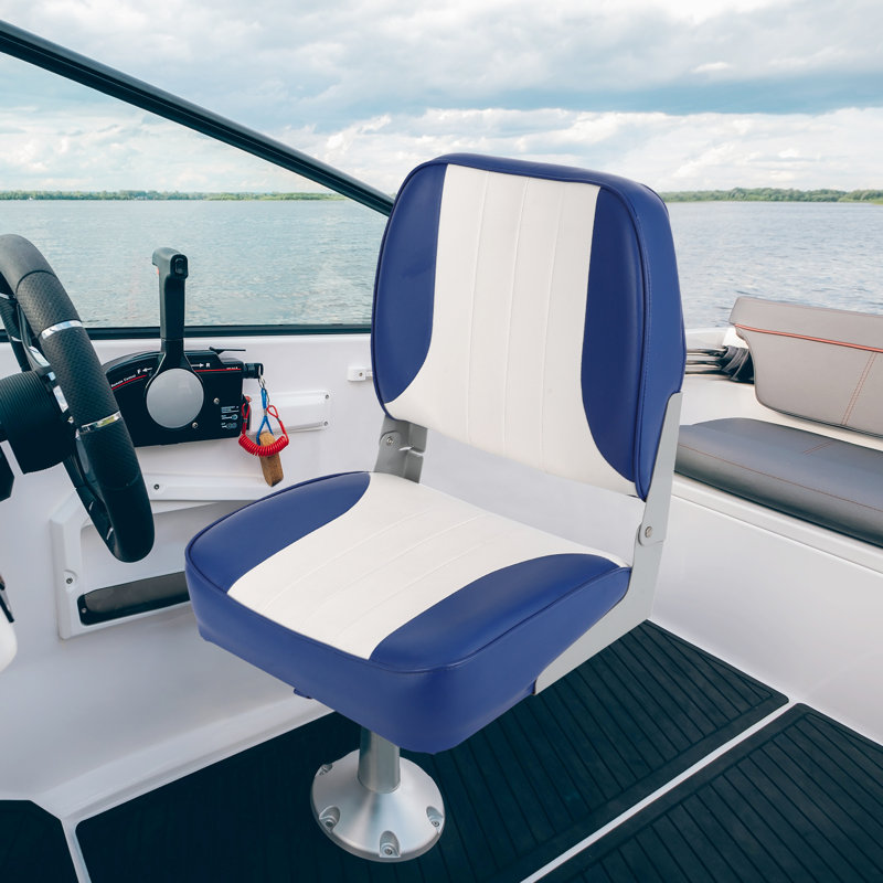 Waterproof & Durable - 2 Pack Low Back Folding Boat Seats - Thick Cushions Marine Captain Chairs for Fishing, Cruises, Sightseeing, Speedboats - One Pair White and Blue Stitching Economical Version