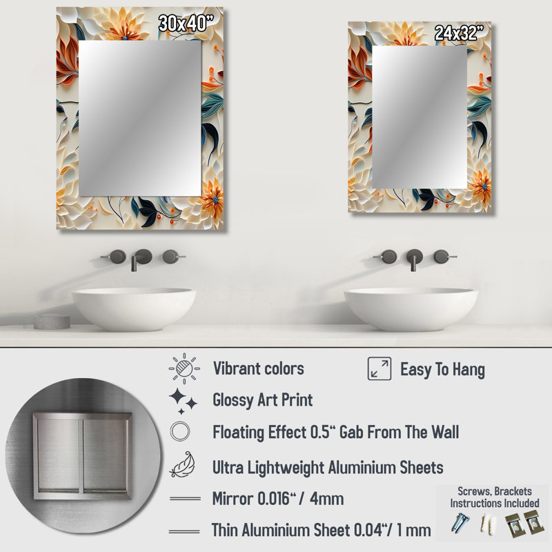 Motif floral Ceryis corail et beige œillet - miroir floral, miroir mural Cottage unique, impression d'art en métal