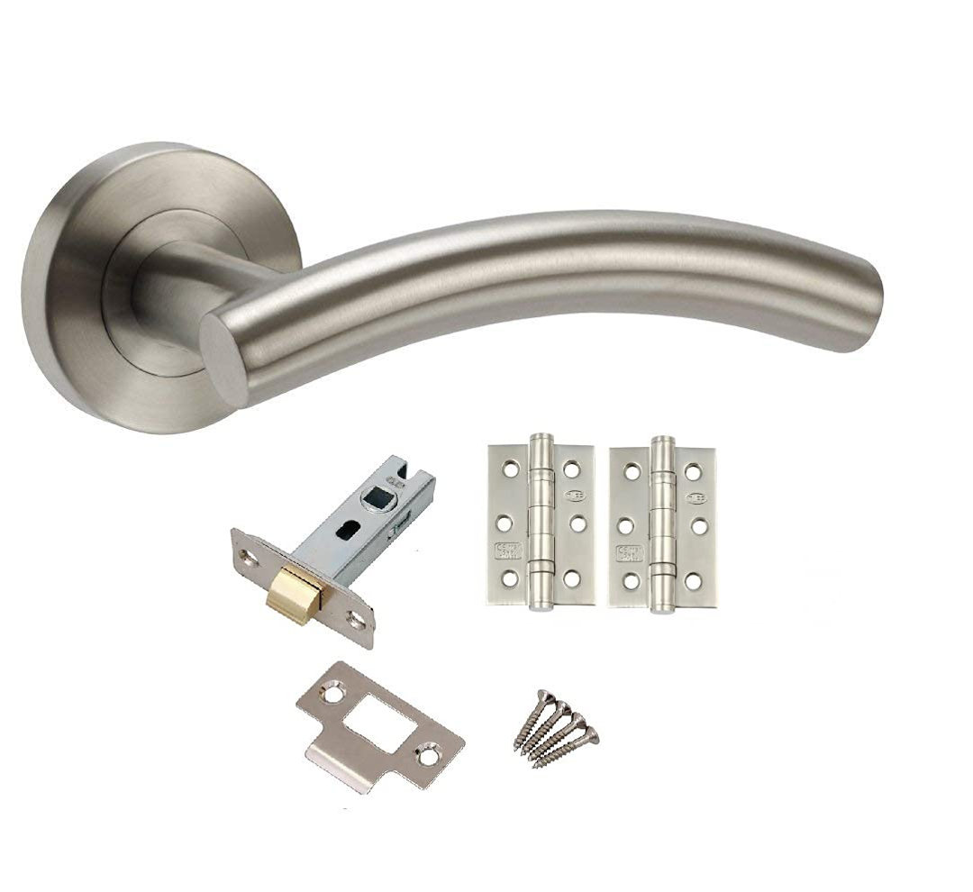 Golden Grace Arched T-Bar Door Handle Latch Pack in Brushed Steel Finish with Ball Bearing Hinges