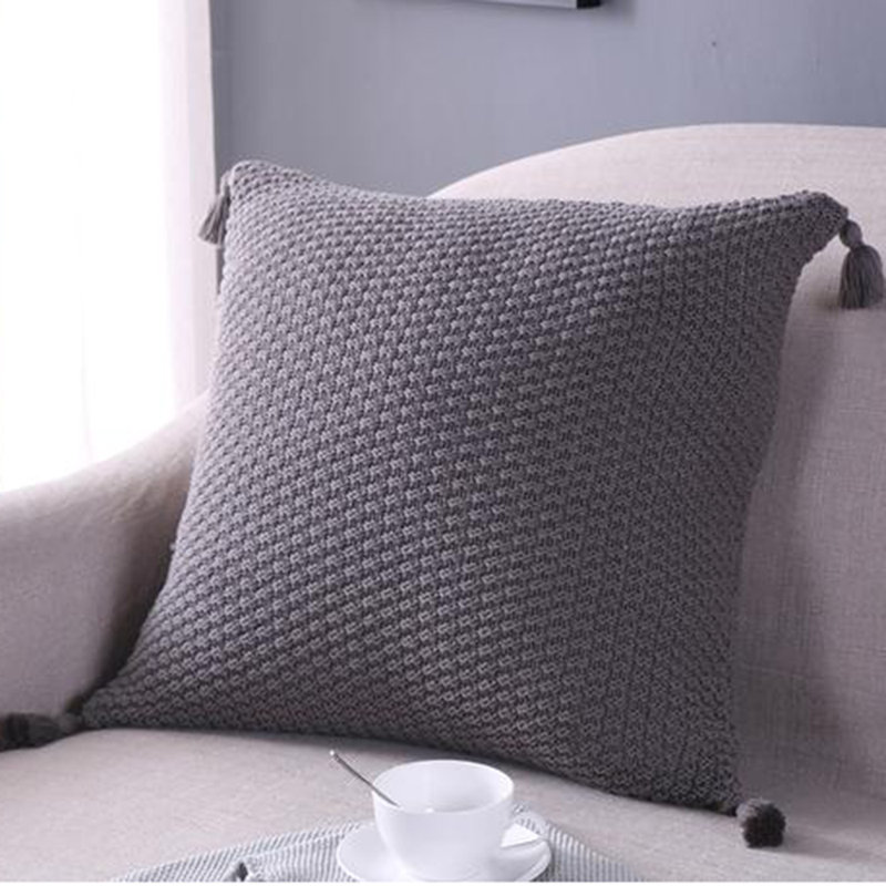  Pack of 1 Square Knitted Tassels Corner Full Set Of Throw Pillow with insert 18"x18", Dark Gray, Throw Pillow