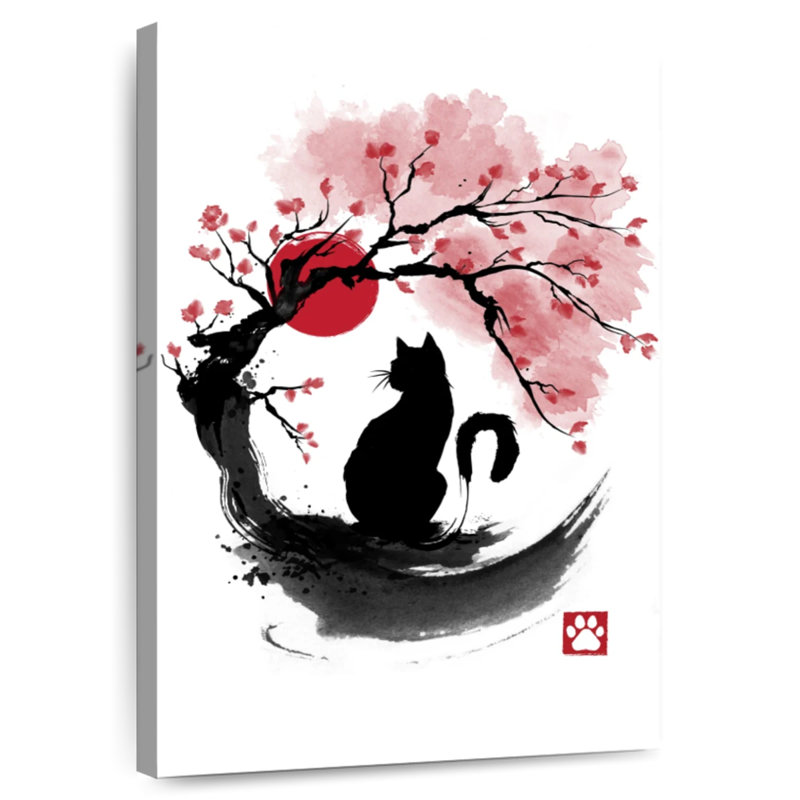 Brampt Sakura Cat Sumi-E, 30" H x 20" W