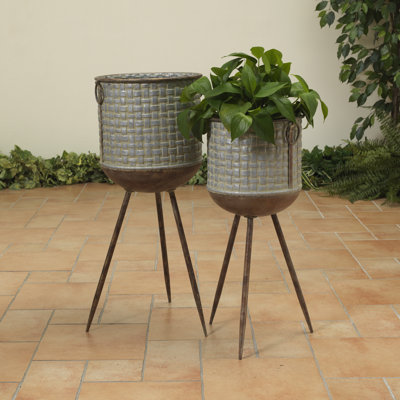 Set of 2 Round Galvanized Metal Planters on Tripod Stands – Industrial Embossed Weave Pattern