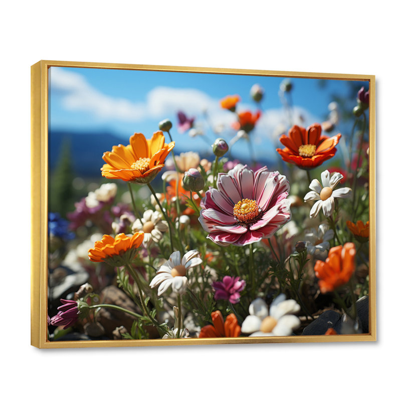 Bouquet de fleurs fantaisistes Attiyya - impression, H 16 po x l 32 po x P 1 po, Cadre flottant doré