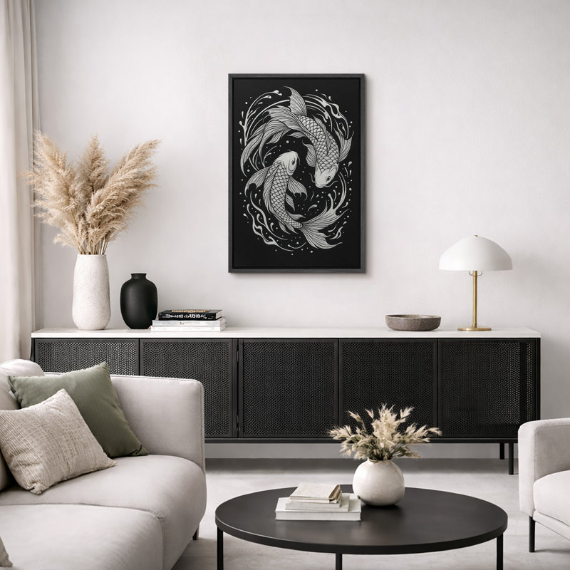Yin Yang Koi poisson noir et blanc d'inspiration asiatique, décoration murale, reproduction d'art sur toile, Structure noire