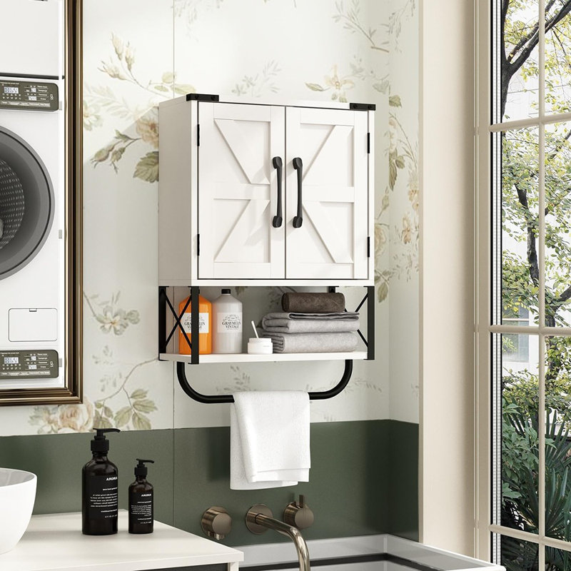 Armoire à pharmacie Rustic Farmhouse - Porte de grange avec tablette réglable et barre à serviettes, blanc rétro
