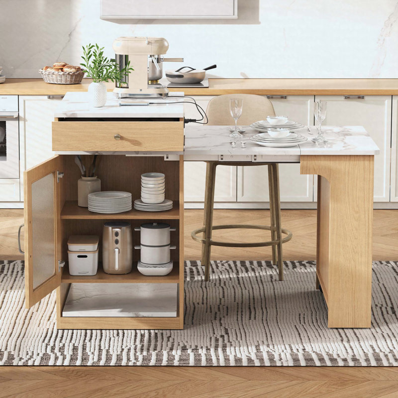 59.5"Kitchen Island with Extendable Dining Table, Kitchen Storage Table with Double-sided Storage, Kitchen Island with 2 Drawers, Power Outlet, Side Open Shelves, for Kitchen, Dining Room, Natural