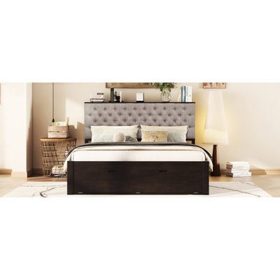 Lit en bois grand avec rangement pour tête de lit, 4 tiroirs et porte-chaussures