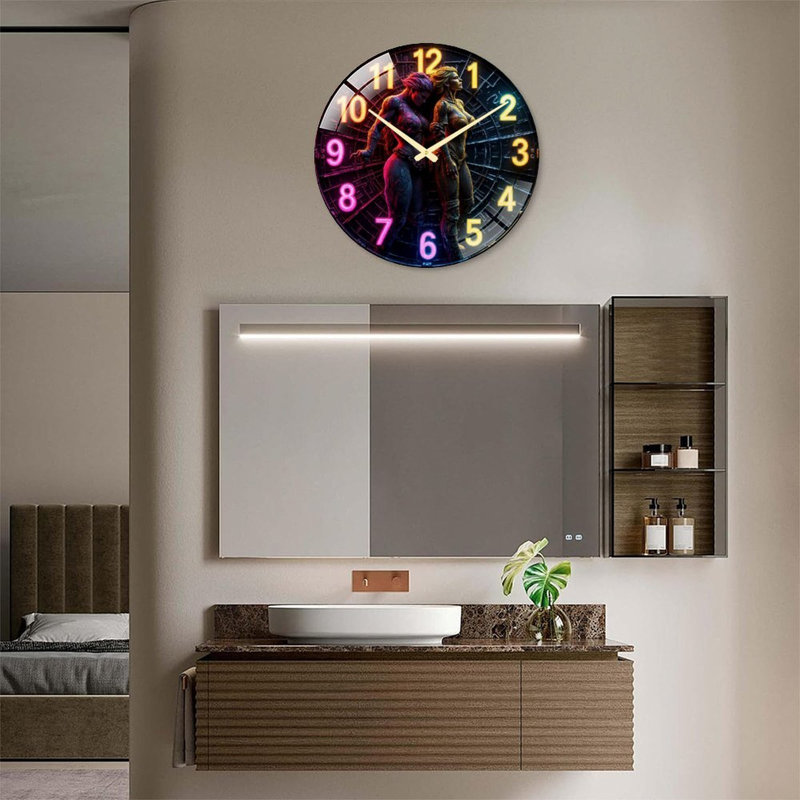 Horloge murale au néon colorée pour la décoration intérieure - Horloge murale moderne en verre de 61 cm (24 po)