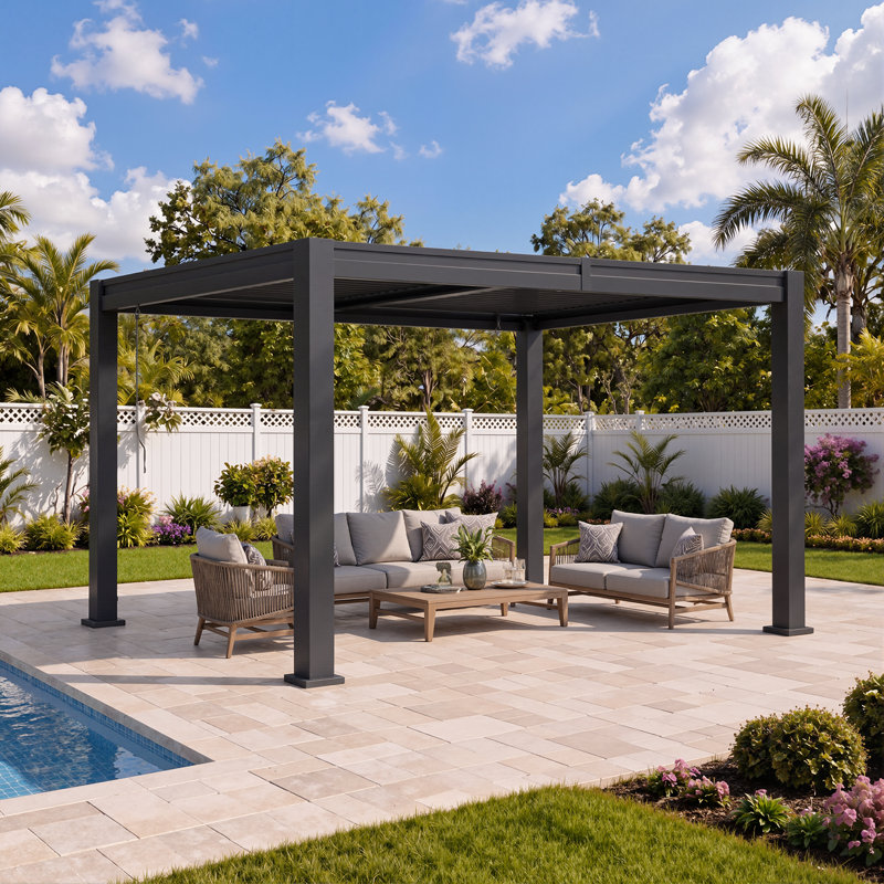 Pergola extérieure à persiennes l 12 pi x P 10 pi avec toit réglable et drainage intégré, pavillon de patio entièrement en acier résistant à la rouille