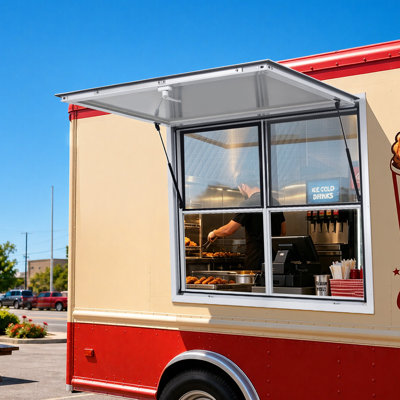Concession Window 48x36 in Aluminum Alloy Service Window, for Food Truck, Up to 85 Degrees Stand Serving with 2 Fixed & 2 Sliding Windows, Awning Door and Drag Hook, Rainwater Resistant