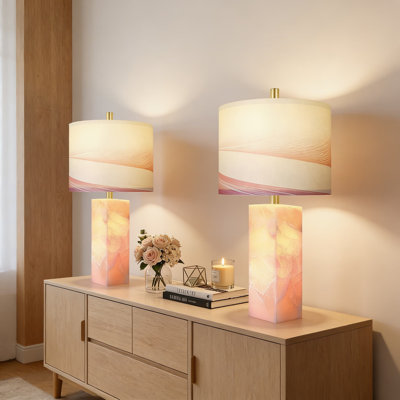 Scenekoy Modern Table Lamp Set Of 2 With Night Light, Alabaster Body And Linen Shade For Bedroom, Living Room, Or Office Nightstand, Switch Control, Bulbs Included