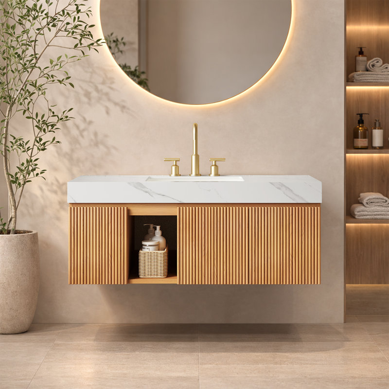 Meuble-lavabo de salle de bain mural en bois naturel 48 po Luxury
