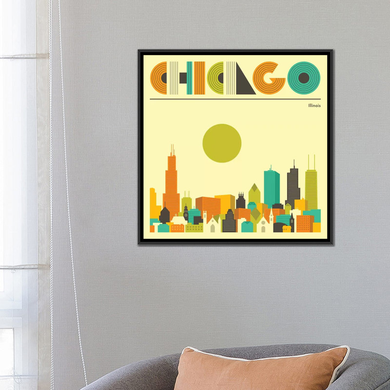 «Chicago Skyline», reproduction d'impression sur toile, H 26 po x l 26 po x P 1,5 po, Toile avec cadre noir, Pas de tapis
