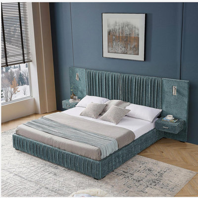 King Size Upholstered Bed Frame with Chenille fabric with pleated design,Grounded King Size Platform Bed with Headboard and Solid Frame and the bedside table.No Box Spring Needed-Blue-Green