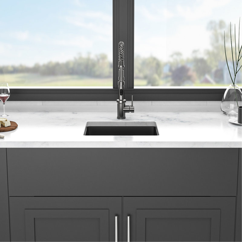 Black Quartz Undermount Kitchen Sink 17.84"X15.71" - Advanced Composite For A Stable Sink, Eliminates Noise And Dirt, Non Porous Cleaner Surfaces, Rounded Design, Comes With Guide Bottom Grid Granite