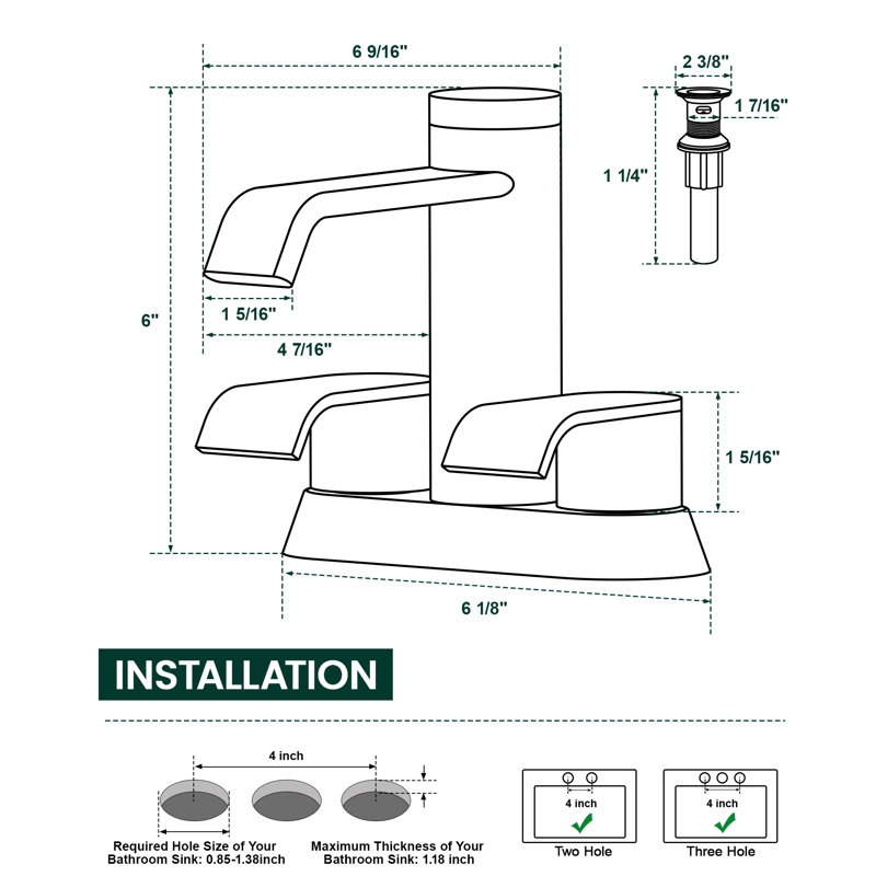 4 in. Centerset Double Handles Waterfall Spout Bathroom Sink Faucet with Pop-up Drain, Matte Black
