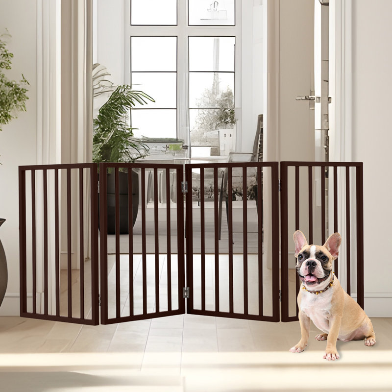 PETMAKER Pet Gate - 4-Panel Indoor Freestanding Pet Fence – 73x24 inch Foldable Dog Fence for Stairs, Hallways, Doorways – Portable Expandable Wooden/Plastic Barrier, No Installation Needed (Brown)
