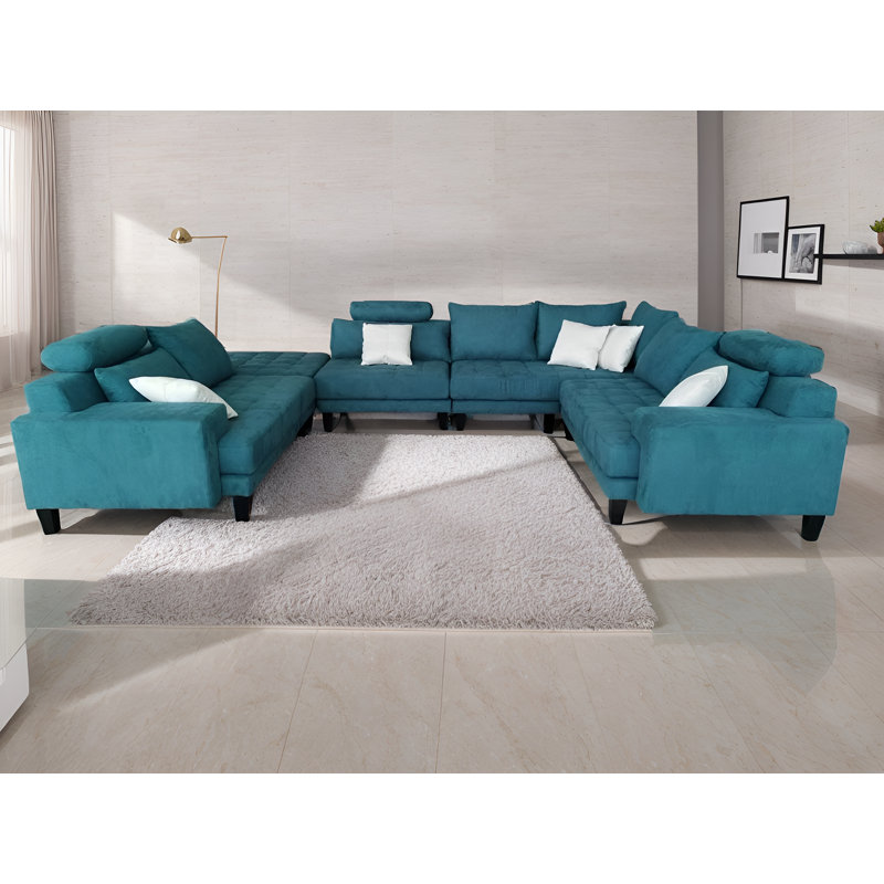 Mandey Upholstered Sectional Reversible, Teal Microfiber/Microsuede