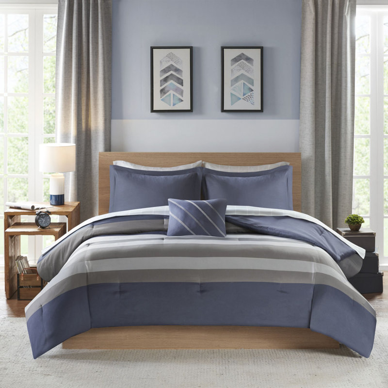 Twin Blue Striped Polyfill Comforter and Sheet Set