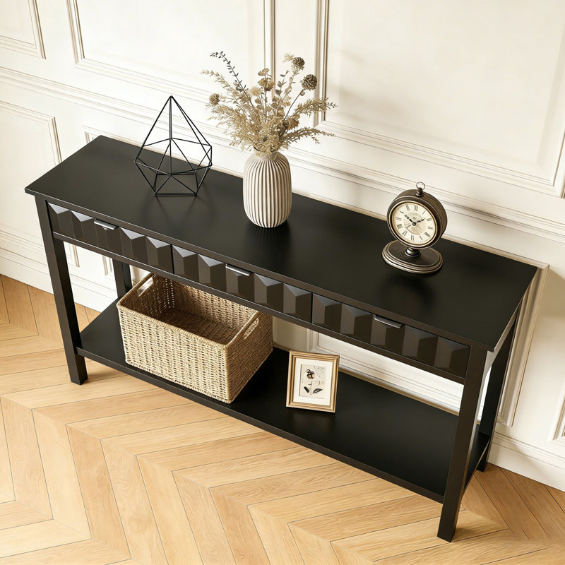 Fir Veneer Entry Way Table, Modern Console Table With3 Drawers & Solid Legs, Black