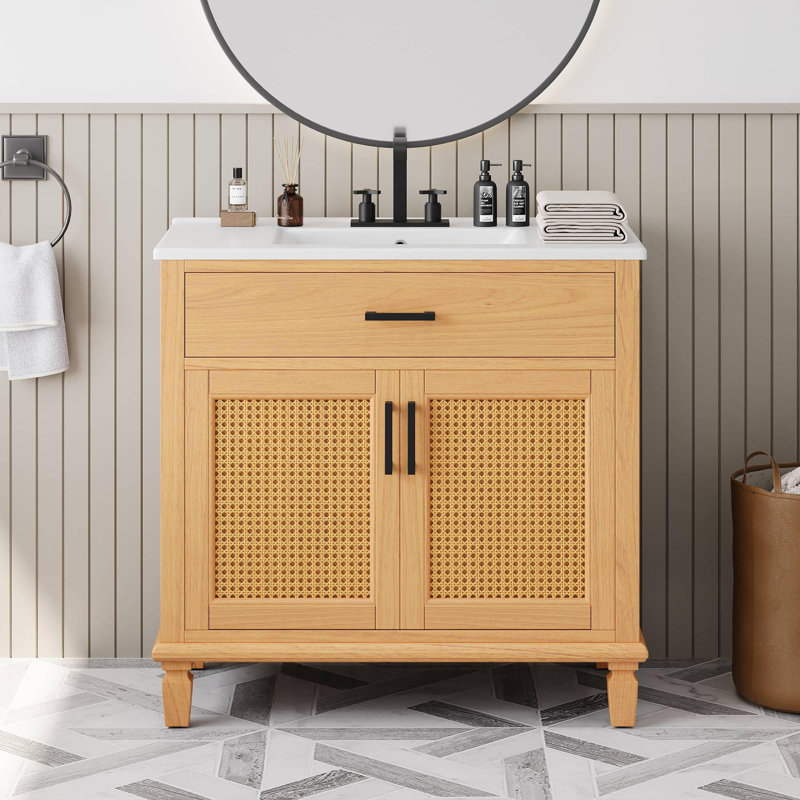 Meuble-lavabo sur pied 36 po avec lavabo en céramique, Naturel