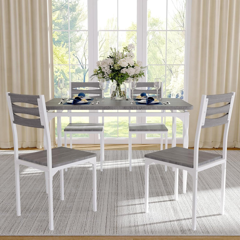 Space-Saving 5 Piece Industrial Dining Table Set for 4 – Compact Rectangular Table & Chairs, Spiral Metal Legs, Mark-resistant-Resistant, Ideal for Dining Room or Apartment – Washed Ash