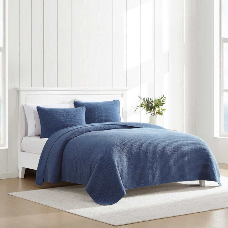 Ensemble de courtepointe en coton uni Nautica Seashore Stitch, Courtepointe pour grand lit + 2 taies décoratives, Bleu