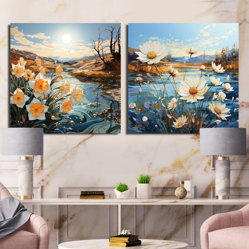 Daisy and Daffodils Tranquility Floral Field - Ensemble de 2 collages carrés, H 36 po x l 73 po, Toile tendue