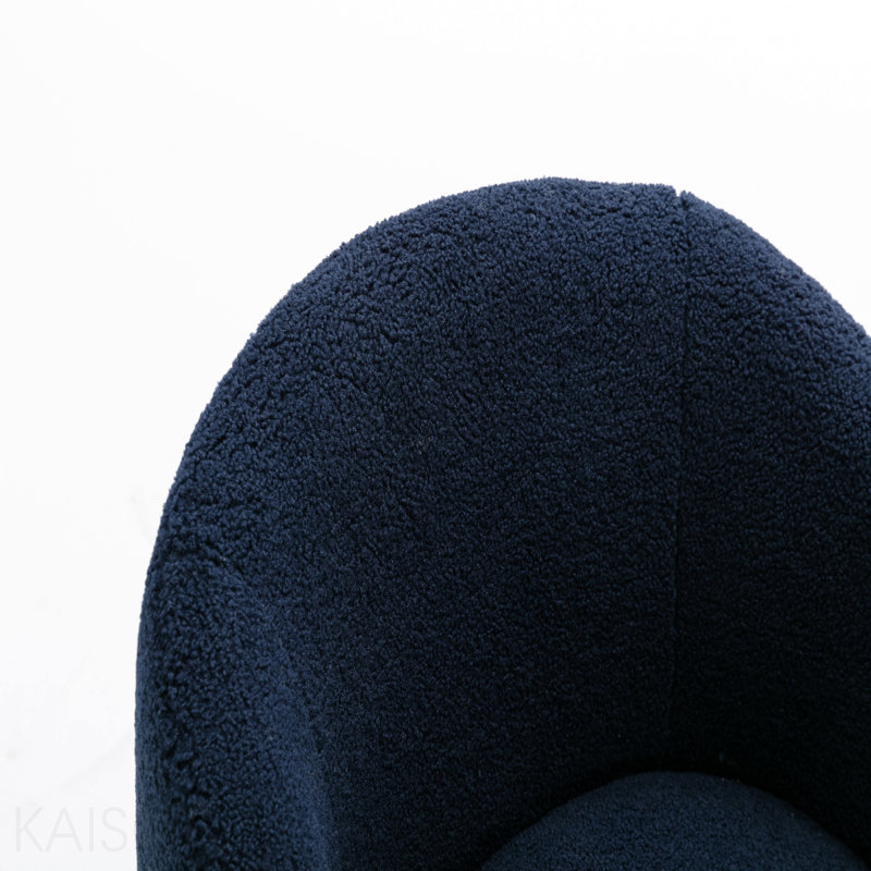 Fauteuil demi-tonneau avec accoudoirs pivotants en tissu Teddy et anneau en métal thermolaqué noir, bleu foncé