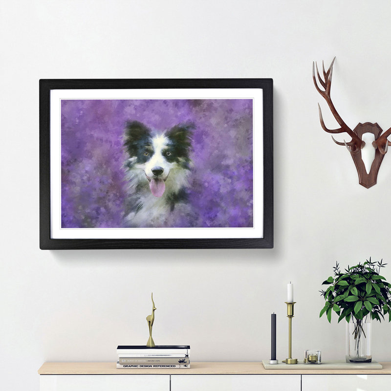 Border Collie In The Purple Flowers Painting - Single Picture Frame Print on MDF, 45cm H x 33cm W x 2cm D, Oak