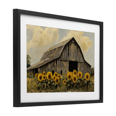 Grange dans un champ de tournesols, reproduction encadrée sous verre, design par Franklyn Gregory