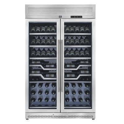FORNO Abruzzo 48-Inch Dual Zone Wine Cellar, 102 Bottles, 24 cu. ft., Clear Acrylic Holders & Stainless Trim Shelves | Fridge.com
