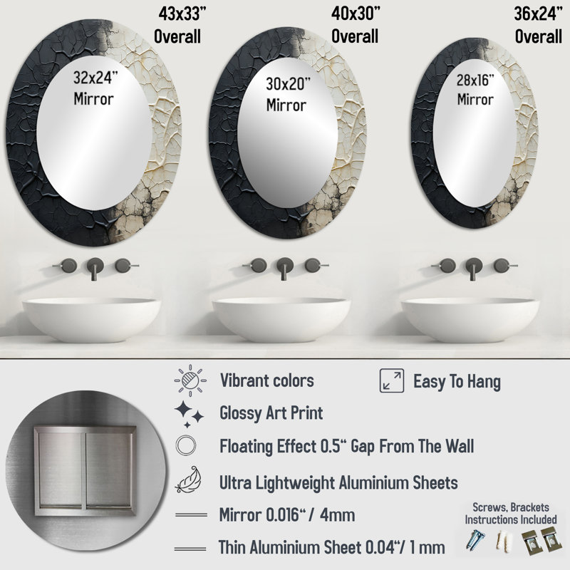Miroir mural ovale blanc et noir, H 40 po x l 30 po