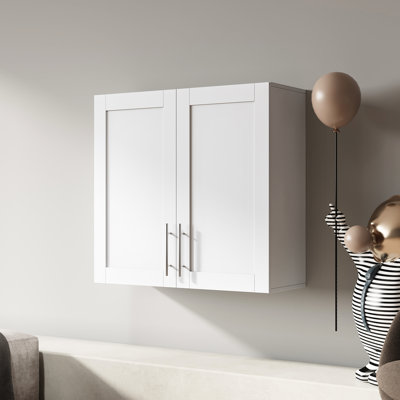 White Stackable Wall Mounted Storage Cabinet, 11.83"D X 32.3"W 30.6"H - With Movable Shelves & Partition For Customizable Space Storage, 30.6"H, Cabinet Partitions Extra