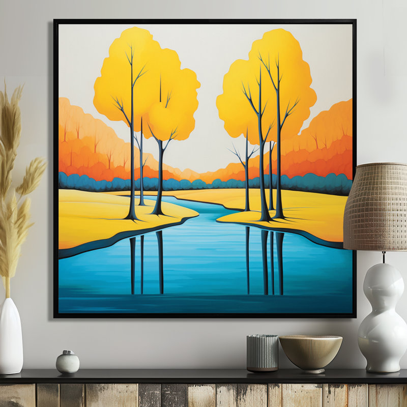 «Yellow Trees Autumn Forest River», art mural rivière, Toile avec cadre flottant noir, H 16 po x l 16 po x P 1 po