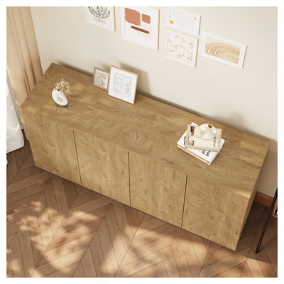 Wood Sideboard Buffet Cabinet, Natural  4-Door Storage Credenza with Adjustable Shelves, 59.1" Wide Large Side Board Cabinet, Particle Board Console Cabinet for Dining Room Kitchen Living Room Entrywa