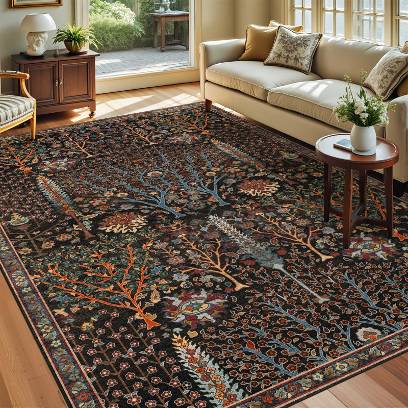 Vintage Tree of Life Area Rug - Oriental Distressed Floral Print Washable Rug for Living Room, Bedroom, Dining Room