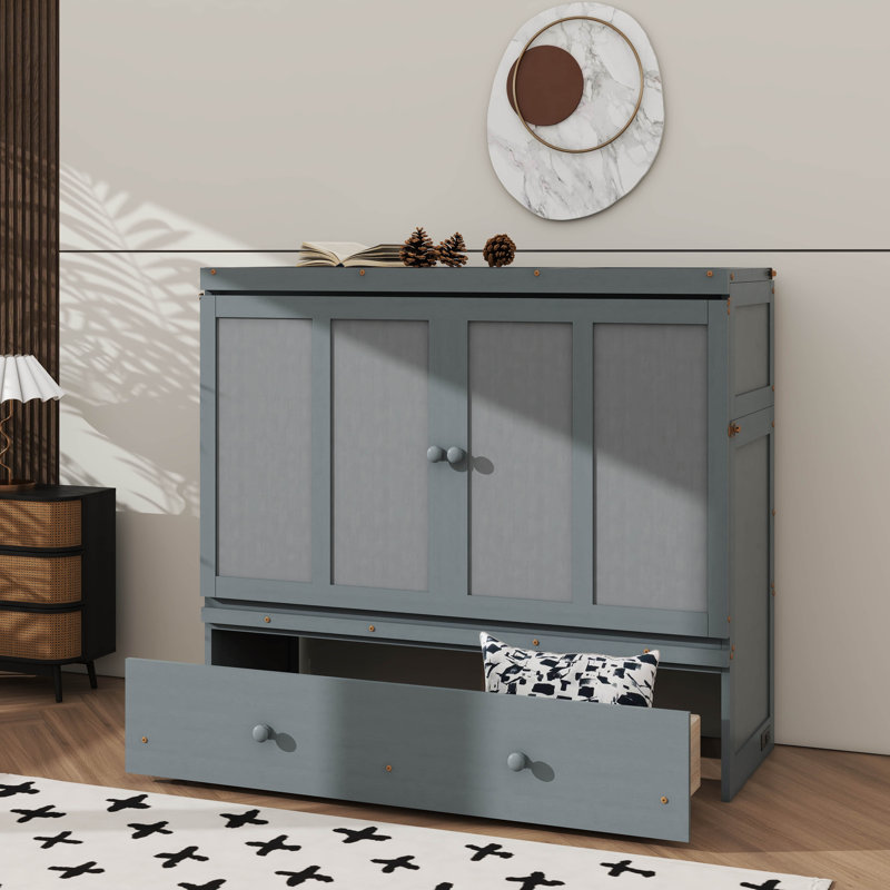 Lit escamotable avec tiroir de rangement intégré, gris, Double