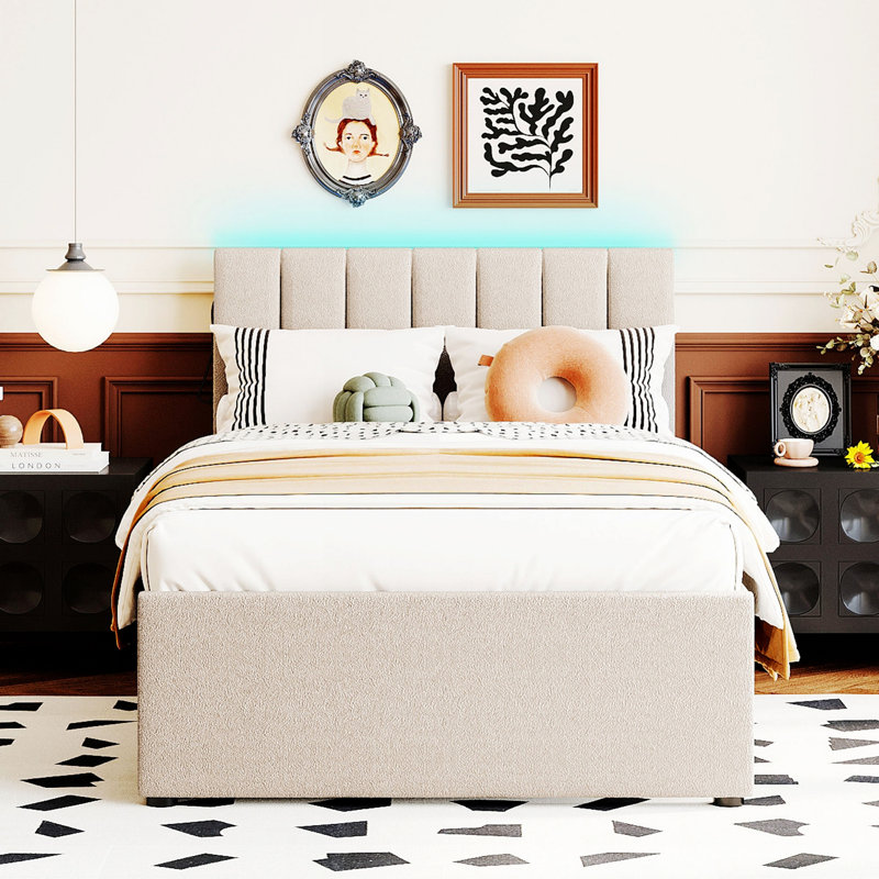 Lit plateforme tapissier avec lit gigogne, Beige