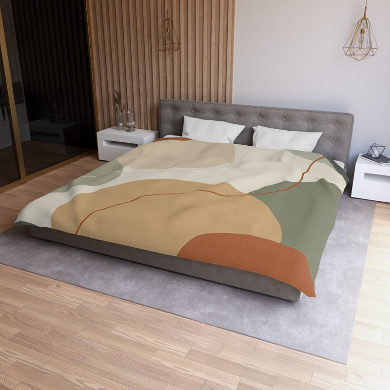 Microfiber Duvet Cover Boho Style, Design 12, King Duvet Cover, Natural/Green/Orange/White