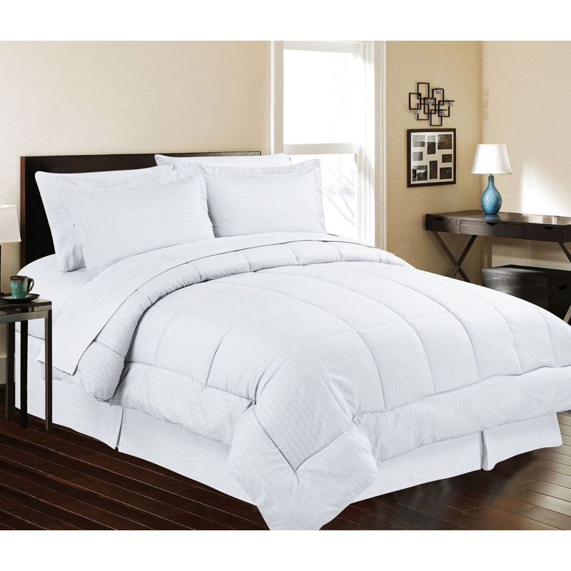Polyester Baffle Box Stitch Striped Comforter, White, King/Cal. King Comforter + 7 Additional Pieces