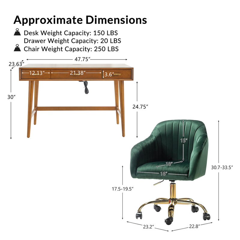 Adan Modern 2-Piece Desk Office Chair Set with Velvet Task Chair and Solid Wood Cable Management Computer Desk, Green