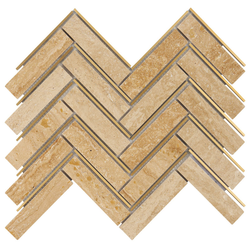 Gold Trim Inlay Herringbone Natural Stone Mosaic Tile, Beige