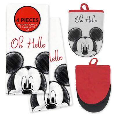 Disney Kitchen Towels & Oven Mitts Set – 4 Piece Bundle with 2 Cotton Dish Towels/Hand Towels & 2 Heat Resistant Mini Oven Mitts (Pot Holders) – Absorbent Kitchen Décor Gift Set–Mickey, Stitch & Pooh