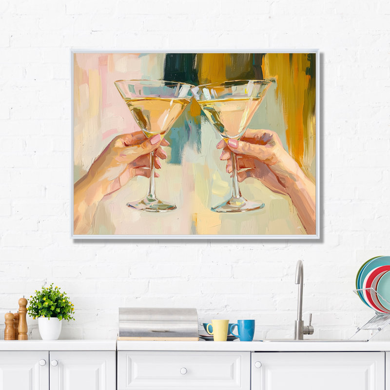 Martini Cocktail Glasses Friends - Impressions sur toile de couleur liqueur, H 30 po x l 40 po, Cadre flottant, Blanc