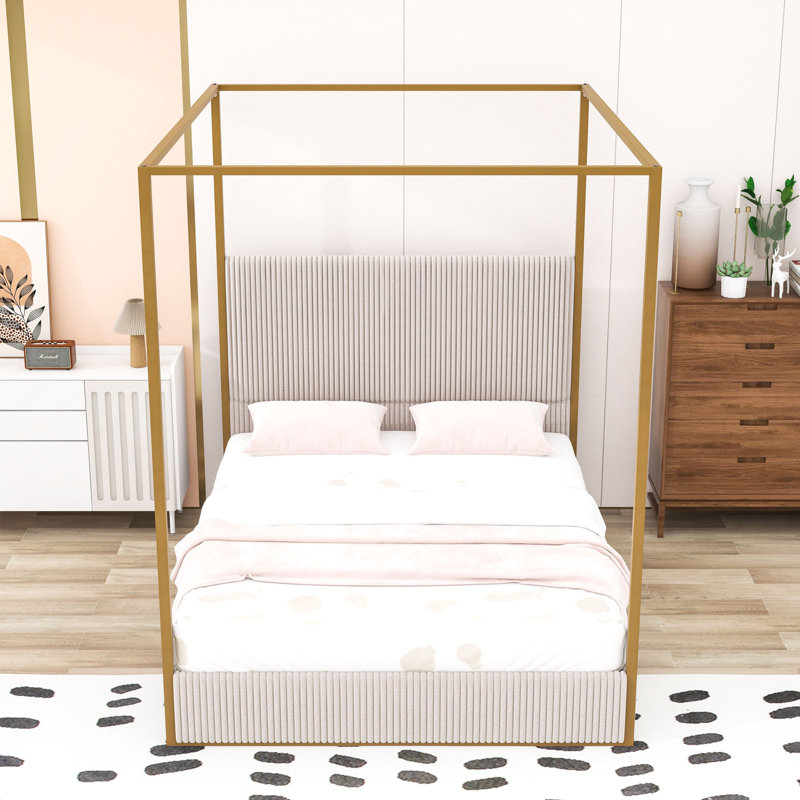 Lit à baldaquin avec tête de lit en velours côtelé moelleux et structure en métal robuste, Beige, Grand lit