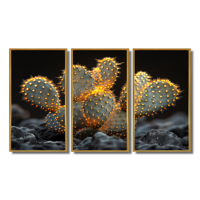Cactus jaune jaune et noir «Cactus II» - 3 pièces, Cadre flottant doré, H 32 po x l 48 po