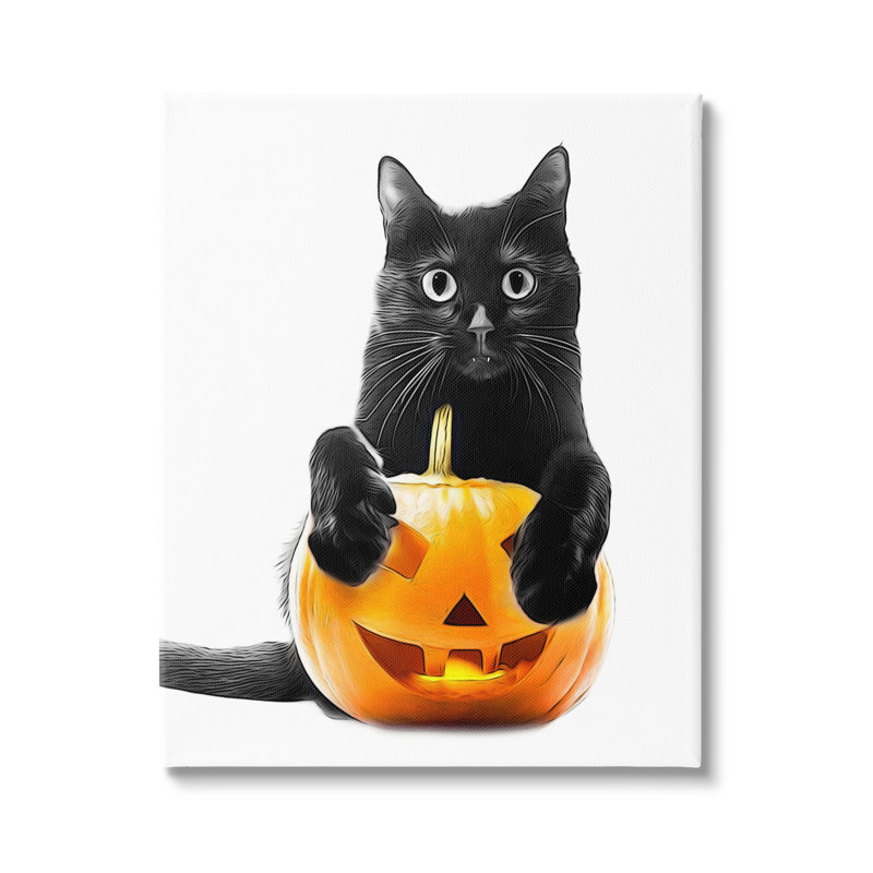 Chat noir et citrouille-lanterne sur toile, H 20 po x l 16 po x P 1,5 po