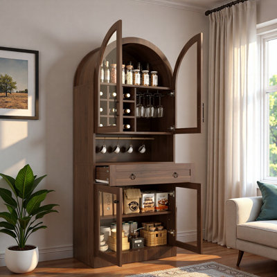 Mid-Century Arched Bar Cabinet with Adjustable Shelf, Large Drawer, 5 Hooks, 9 Wine Racks, 3 Glass Holder and Tempered Glass Doors